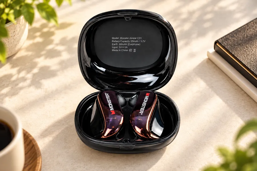 Black Monster Airstar C01 earbuds in their open charging case on a sunlit desk