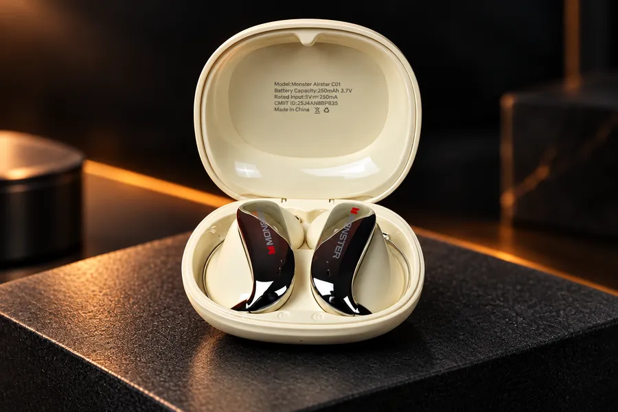 Off White Monster Airstar C01 earbuds in their open cream charging case on a dark stone pedestal