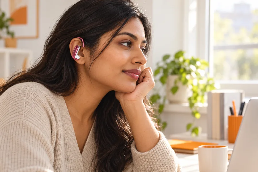 Lifestyle illustration of an adult wearing the C01 open-ear earbuds beside a bright window