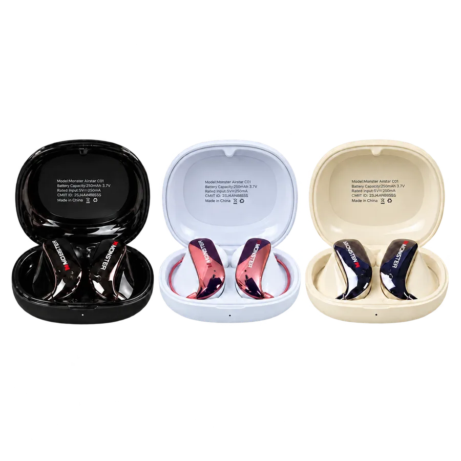 Black, Purple and Off White Monster Airstar C01 earbuds with open charging cases
