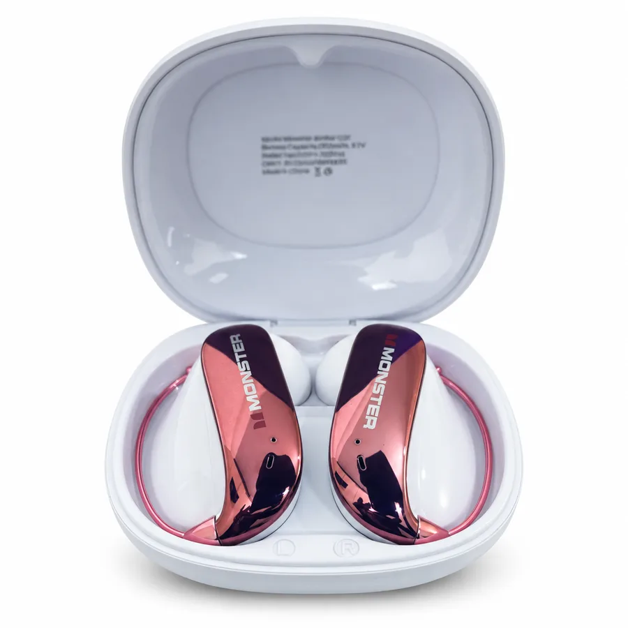 Purple Monster Airstar C01 earbuds showing the open-ear ear hooks and charging case